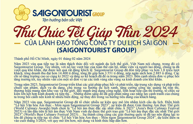 Thư chúc tết Giáp Thìn 2024 của lãnh đạo Tổng công ty Du lịch Sài Gòn (Saigontourist Group)
